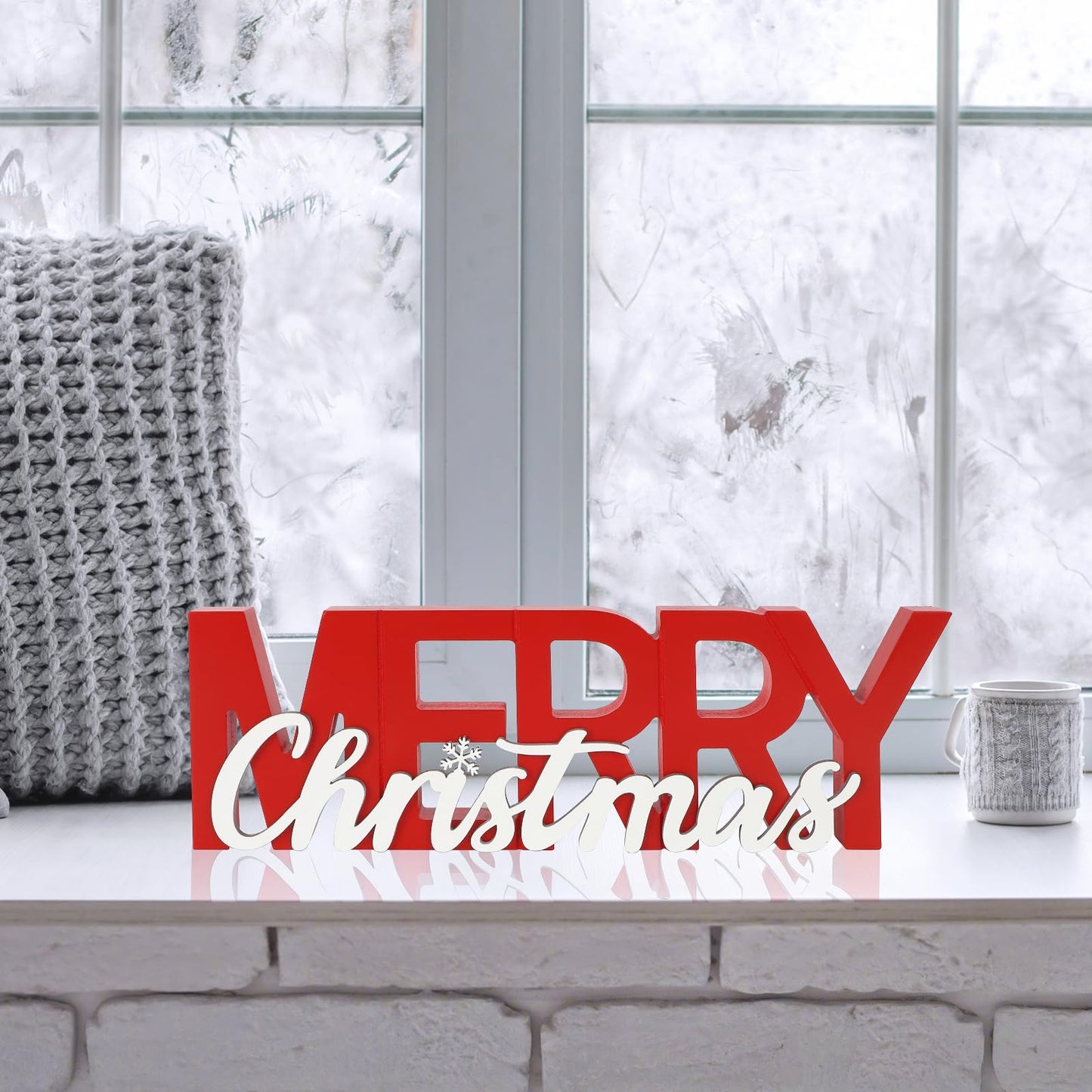 COCHIE Wooden Merry Christmas Sign, Winter Decorations for Home, Office, Shelf, Mantel, Indoor, Wood Snowflake Decor, Red White Table Top Party Decoration (Merry Christmas)