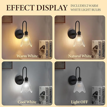 Wall Sconce Set of 2, Black Vintage Light Fixtures with Long Clear Glass Lampshade, Hardwired Sconces Wall Lighting for Bedroom, Bathroom, Living Room | Includes 2 LED Bulbs