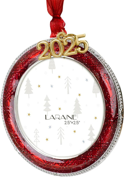 Laraine Christmas Tree Ornaments – Decorative Hanging 2025 Holiday Keepsake Gift Round Pendant with 2.5” Photo Frame Insert for Picture of Pet (Round Red (2025))