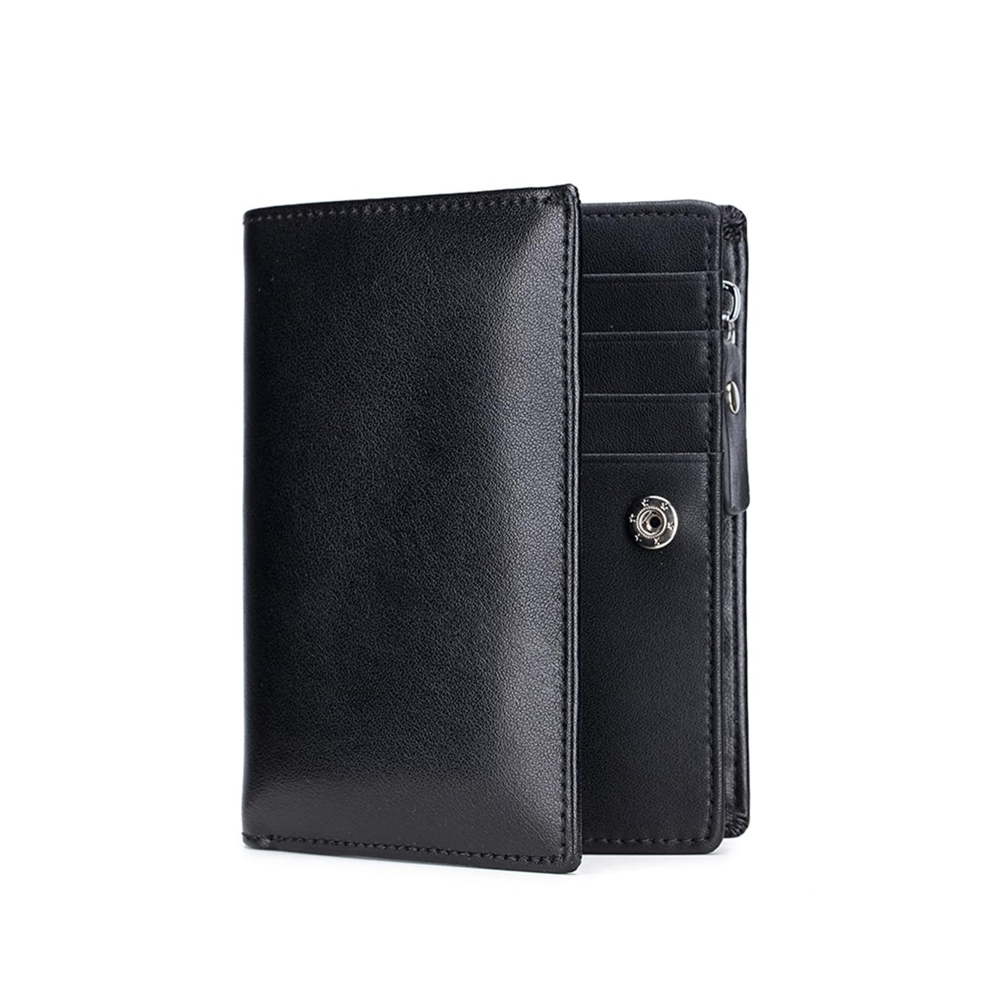 Karmiir Men’s RFID Vertical Bifold Leather Wallet with Zipper Coin Pocket, Multiple Card Slots, ID Window & Double Bill Compartments, Business Wallet for Daily Use (Black/Black)