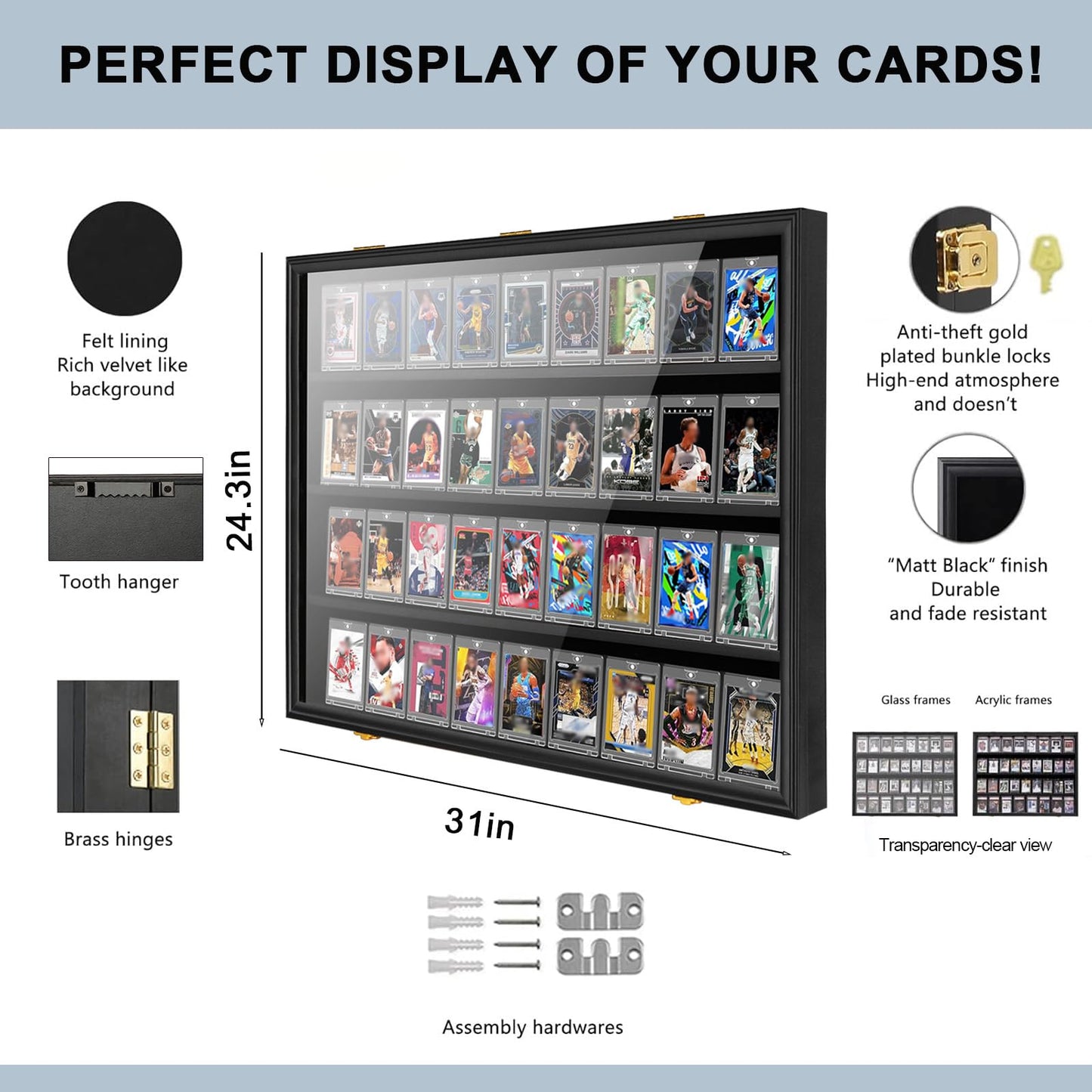 Hactyn 36 Baseball Card Display Case 1 Pack, Graded Sports Card Display Frame Lockable with UV Protection, Large Wall Cabinet for Football Hockey Basketball Trading Cards 1 Pack
