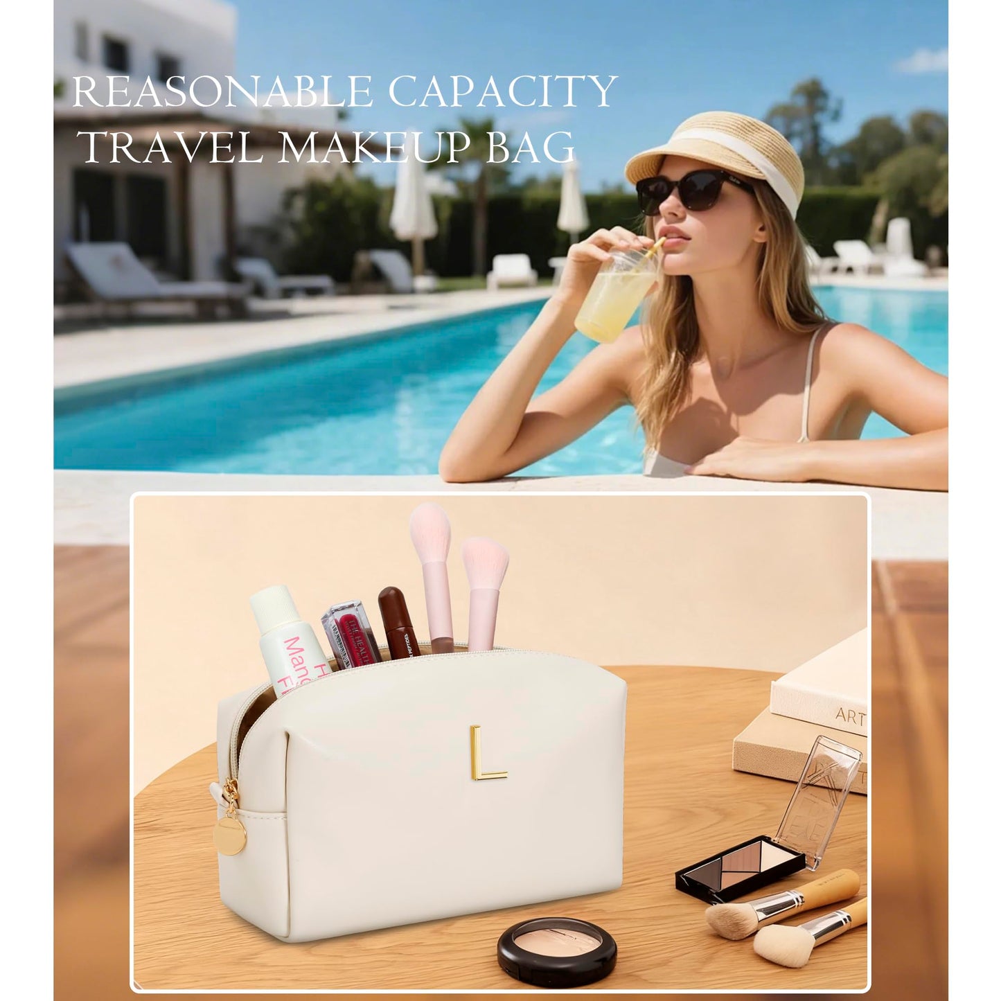 CLOUDWINGS Gifts for Women Bridesmaid Gifts Personalized Initial Makeup Bag PU Leather Cosmetic Waterproof Travel Toiletry Bag (L)