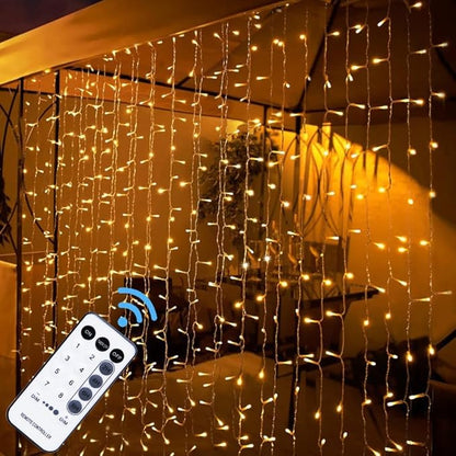 WATERGLIDE 300 LED Curtain Lights, Remote Control Christmas Decorative Hanging String Lights, 8 Lighting Modes, Plug in for Indoor Outdoor Holiday Party Garden Backdrop Wedding Home Decor, Warm White