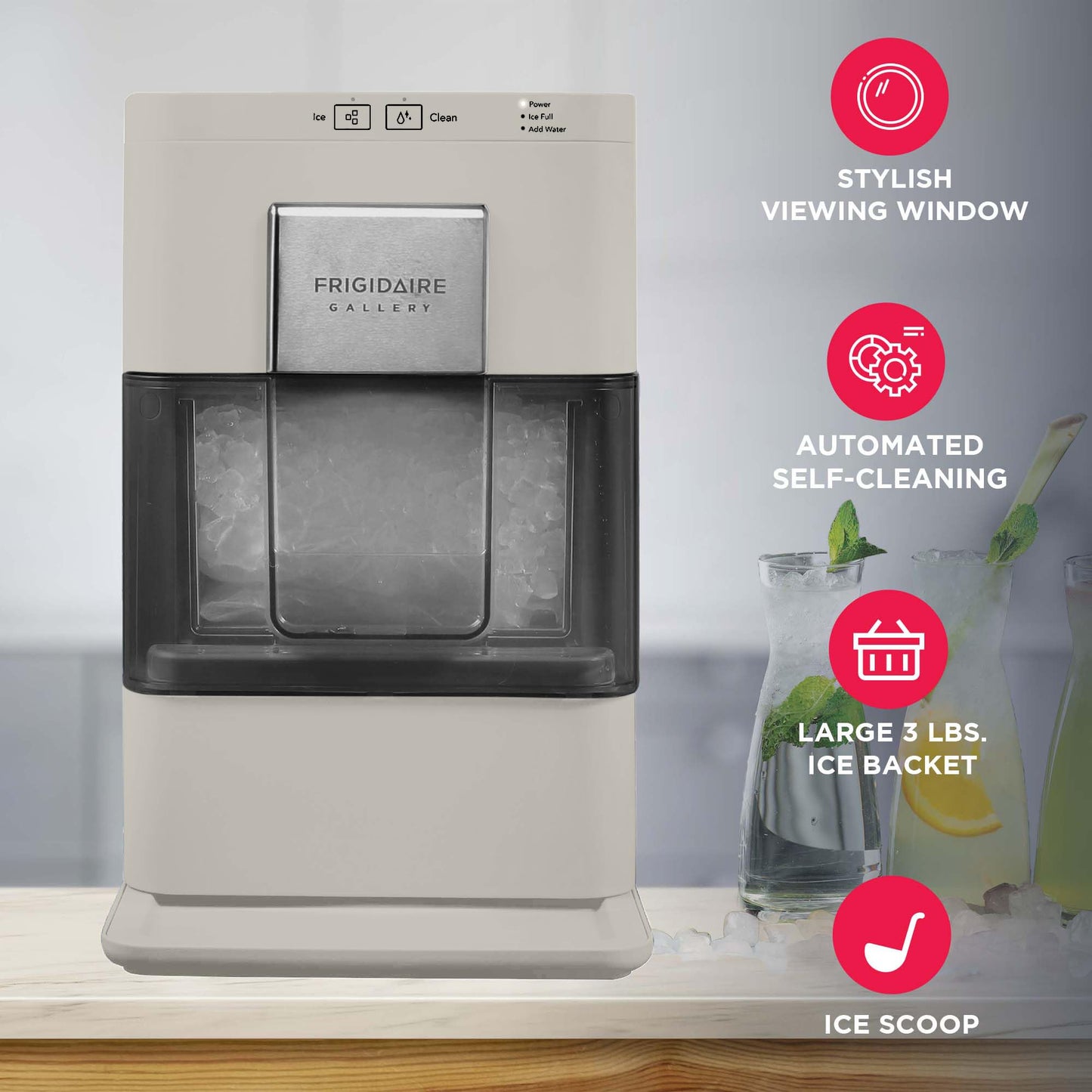 Frigidaire Nugget Ice Maker, Countertop Ice Machine with Transparent Window, Sonic Ice Maker with 44 lbs. Capacity, Auto Self Cleaning Ice Maker Machine, 2.0 Gen, Cream - 16.75D x 11.75W x 20.25H