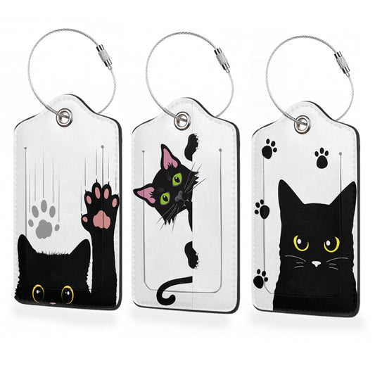 3 Pack Luggage Tags,Funny Black Cat Paw PU Leather Luggage Tags for Suitcase,Name ID Labels with Privacy Cover Suitcases and Metal Loop for Travel Bag Suitcase