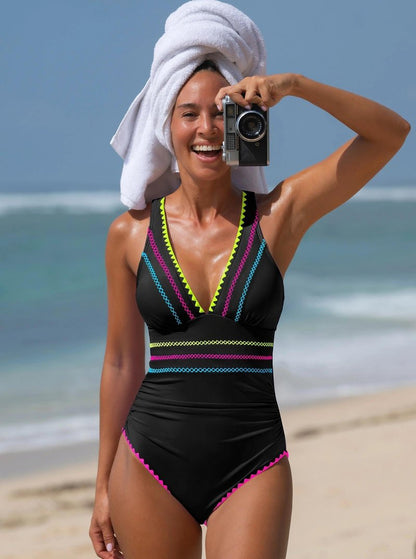 popvil Modest One Piece Swimsuits for Women 2026 Tummy Control Neon Bathing Suit with Adjustable Strap, Black, Large