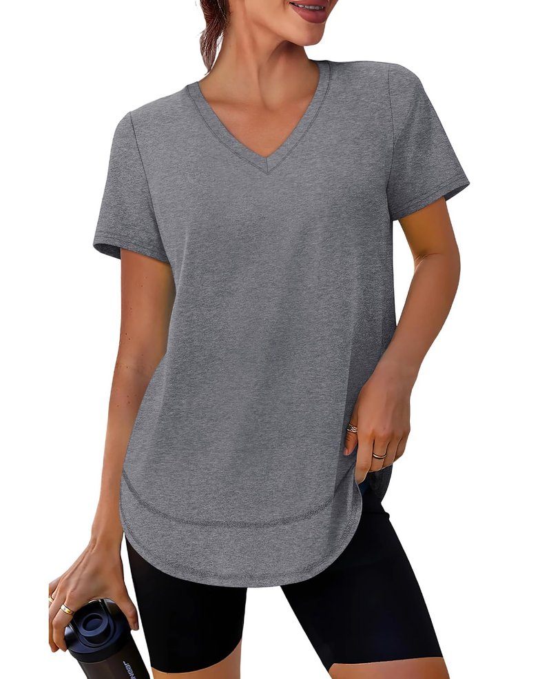 Oversized Tshirts for Women Dry Fit Plus Size Spring Clothes Summer Athletic Tops Workout Shirts V Neck Grey 3XL