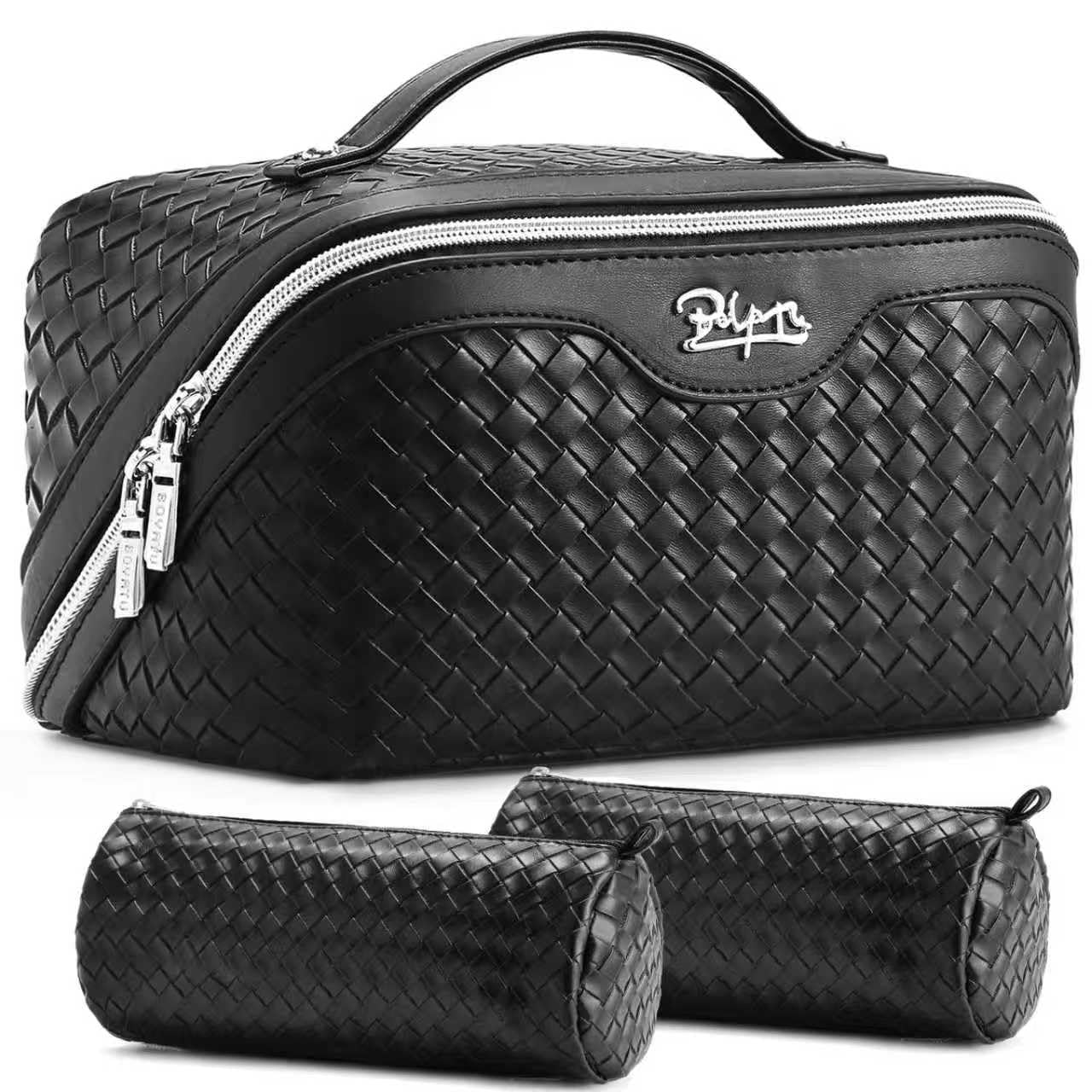 BOYATU Travel Makeup Bags for Women: 3 Pcs Large Make up Bags Set - Vegan Leather Cosmetic Bag for Traveling - Waterproof Toiletry Organizer (L05 Black)