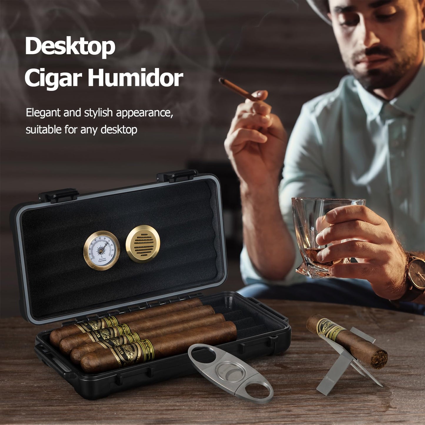 USEWIRE Cigar Humidor, Cigar Travel Humidor, Cigar Case for 4-5 Cigars, with Cigar Holder and Cigar Cutter, Portable Cigar Humidor Travel, Cigar Gifts for Cigar Accessories(Black)