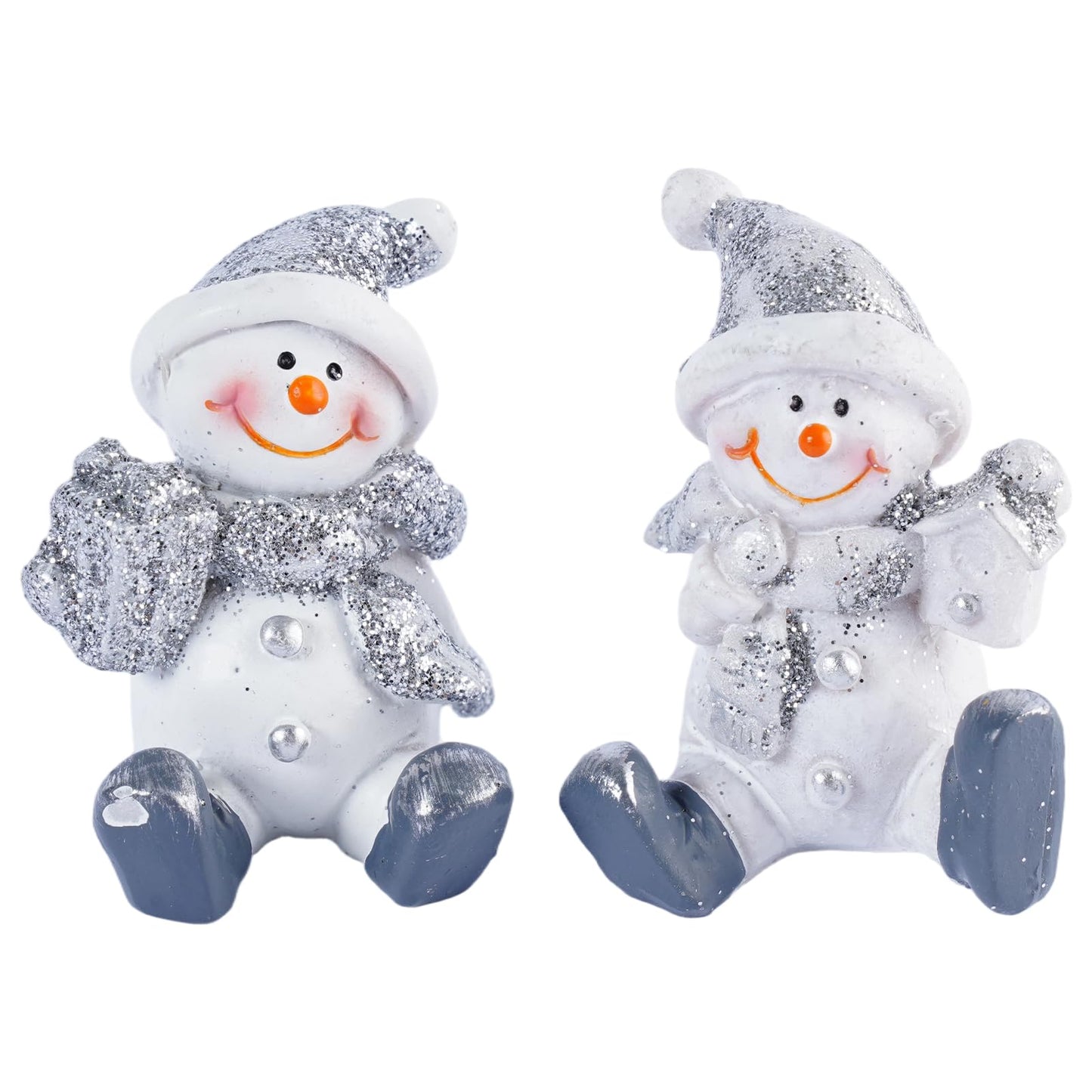 Brizoria Snowman Decor Christmas Decorations Indoor Sitting Resin Figurines Set of 2 Silver Glitter Finish with Gift Box and Lantern Winter Tabletop Mantel Shelf Holiday Display
