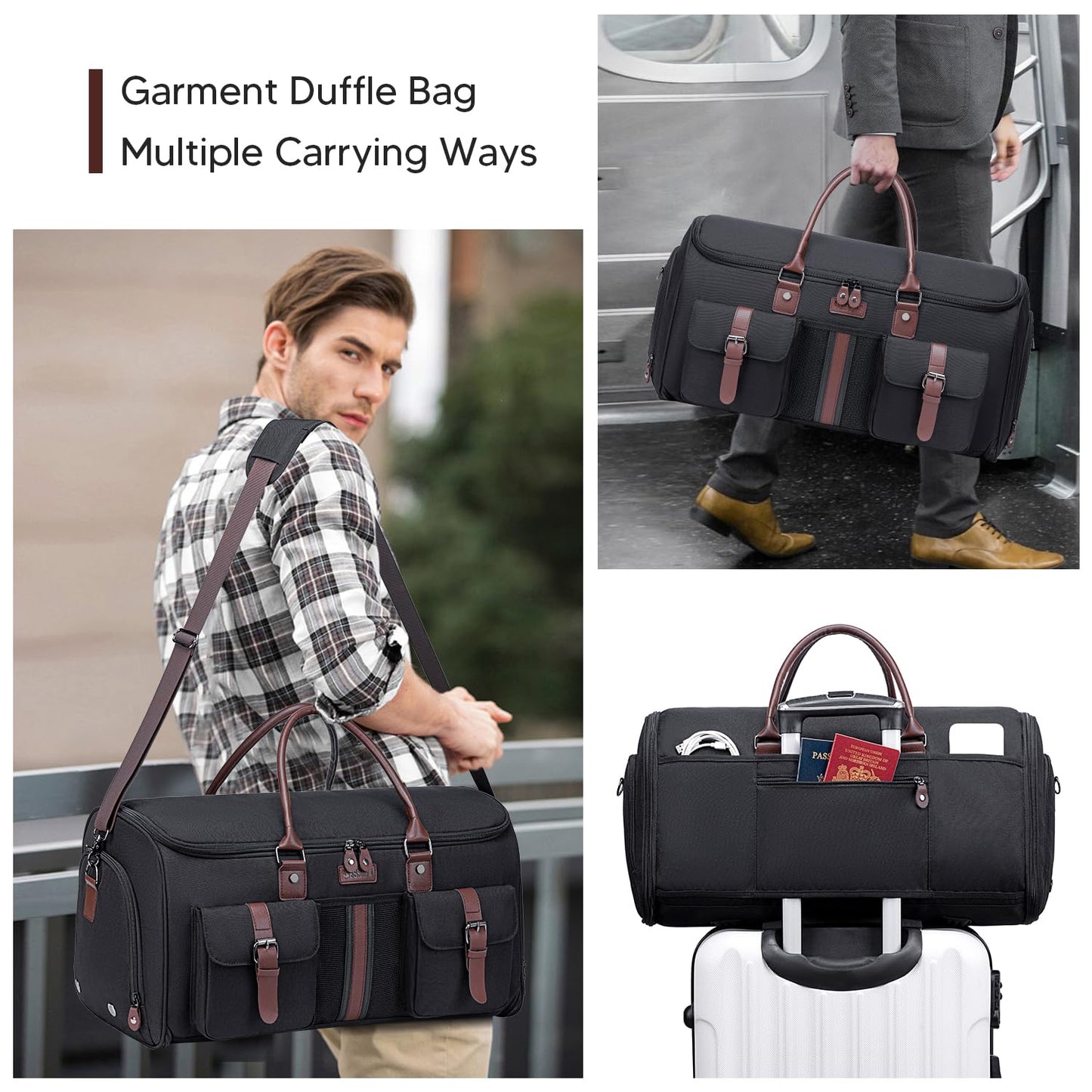 Carry on Garment Bag,Vessgra 2 in 1 Duffle Bag for Travel Convertible Garment Duffel Bags for Men Women Inner Dry/Wet Compartment Suit Bag Travel with Shoe Compartment Bussiness Weekender Trip,Black