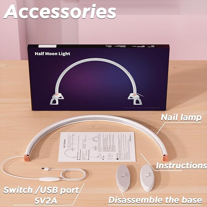 Half Moon Nail Desk Lamp,USB Powered Tri-Color Temperature Brightness Adjustable Arch Light for Moon Light Nail Tech/Handicraft Lighting (Medium Size White)