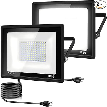 2 Pack-100W LED Flood Light Outdoor,11000LM LED Work Light with US Plug,6000K Daylight White,IP67 Waterproof Outdoor Floodlights for Yard,Garden,Playground