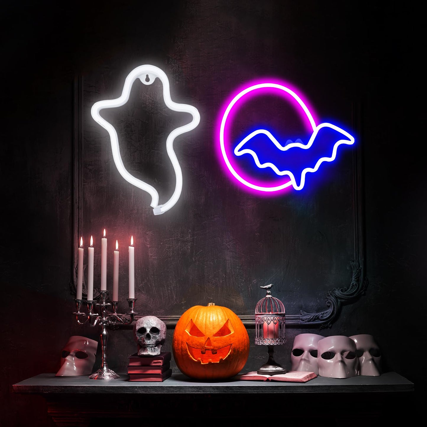 2 Pack Halloween Decoration LED Neon Sign Light,Ghost/Bat and Moon Lights Hanging Neon Signs for Halloween Party Indoor Home Window Decorations (Batteries not Included)