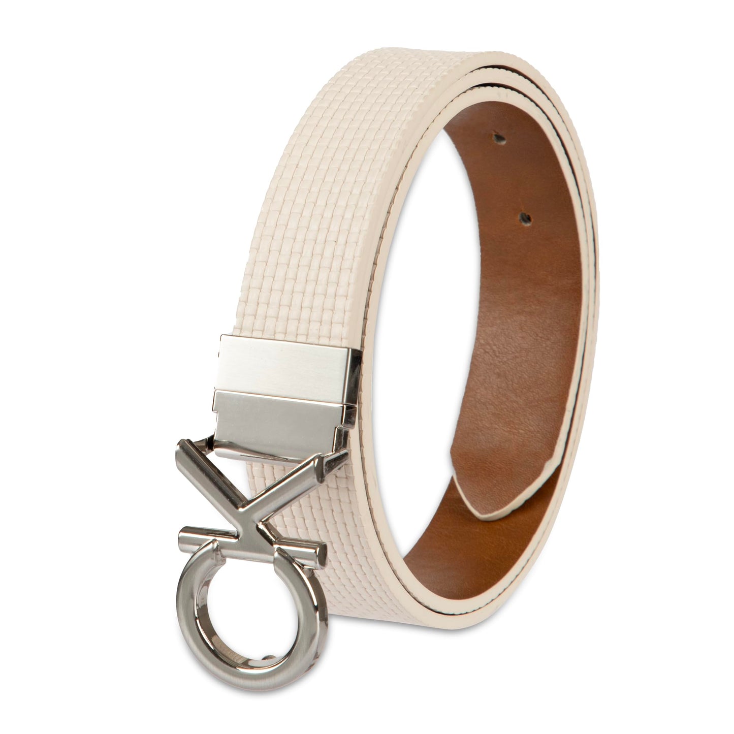 Calvin Klein Women's Puffed CK Logo Reversible Dress Belt, Bone/Tan, Medium