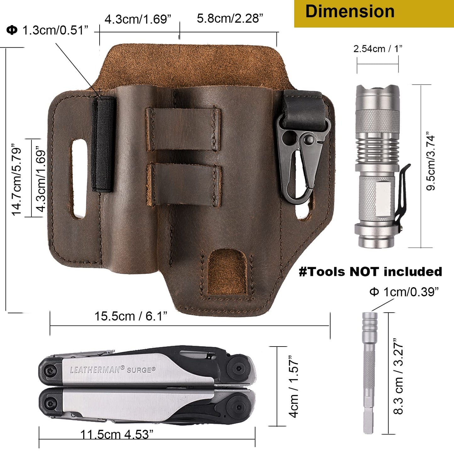 Gentlestache Multitool Leather Sheath for Belt, EDC Organizer, Multitool Pouch,Leather EDC Sheath with Elastic Band Pen Holder, Flashlight Holder and Keychain Clip, Practical Belt Pouch for EDC Gears
