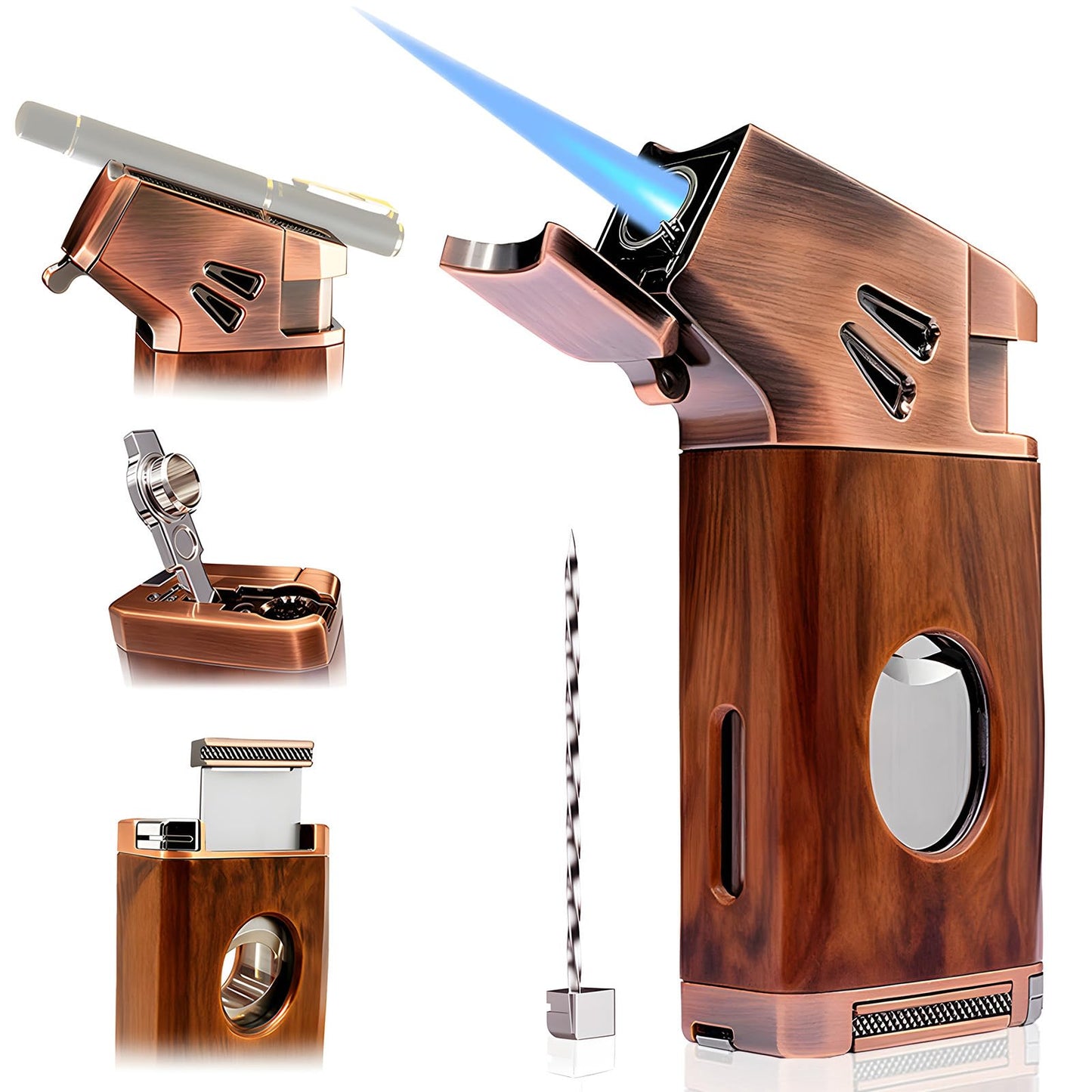 VloEssic Butane Torch Lighter Built-in Cutter, Punch, Holder, Draw Enhancer, Jet Flame Butane Refillable Lighter, Windproof Jet Lighter Adjustable, 5-in-1 Cool Lighters Gift for Men (Without Gas)