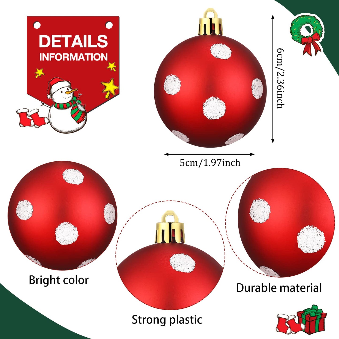 Jetec 12 Pcs Red and White Christmas Balls Ornaments for Tree 2.4 Inch Peppermint Candy Cane Polka Dot Stripes Xmas Bulbs Ornament Shatterproof Bauble Christmas Decorations for Tree Home Wreath Party