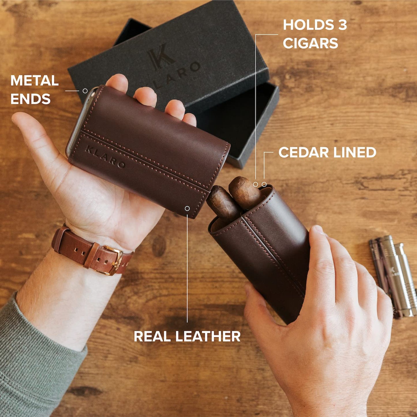 CASE ELEGANCE Premium 3 Cigar Protective Travel Case, Genuine Real Top Grain Brown Leather, Cedar Lined with Gold Metal End Caps, Gift Ready Packaging, Portable Travel Box