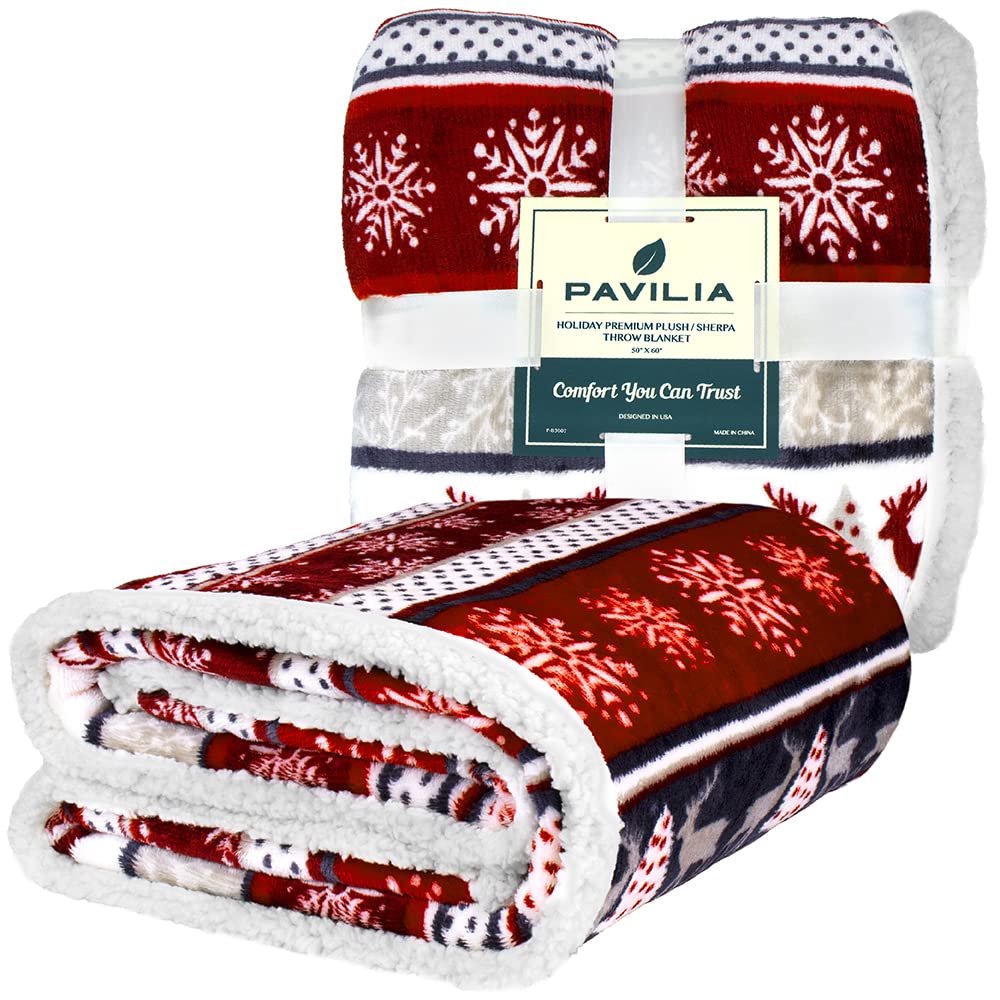 PAVILIA Christmas Sherpa Throw Blanket, Red & White Snowflake, Reindeer, Reversible Fleece & Sherpa Cozy Winter Blanket for Couch & Bed, 50x60, Christmas & Holiday Decor