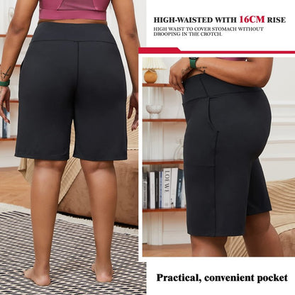 YOHOYOHA Plus Size Women's Bermuda Yoga Shorts - Workout Running Athletic Bike Gym Shorts Long High Waist XL