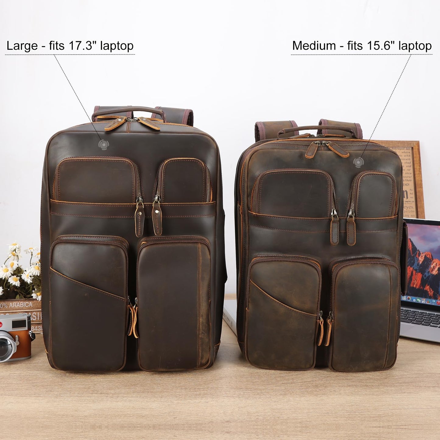 TIDING 17.3" Full Grain Leather Laptop Backpack for Men Multi Pockets Casual Daypack Business Travel Rucksack