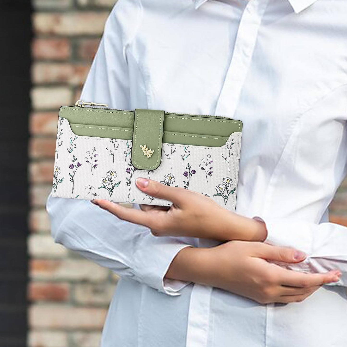 Farcauo Wallet Women Slim Wallets for Women with RFID Blocking Cute Thin Green Women's Wallet Kawaii Flower Womens Ladies Card Holder Wallets