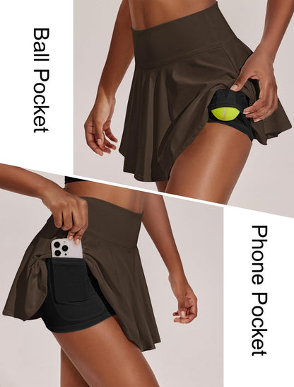 PINSPARK Tennis Skorts for Woman High Waisted Athletic Skirt with Shorts Underneath Pleated Pickleball Skirts, Espresso Brown XL