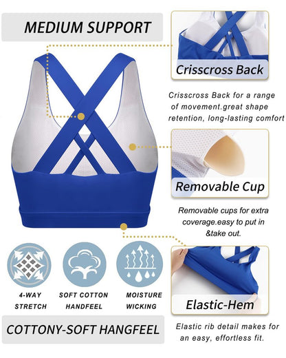 RUNNING GIRL Sports Bra for Women, Criss-Cross Back Padded Strappy Sports Bras Medium Support Yoga Bra with Removable Cups(2353 Bright Blue_3XL)