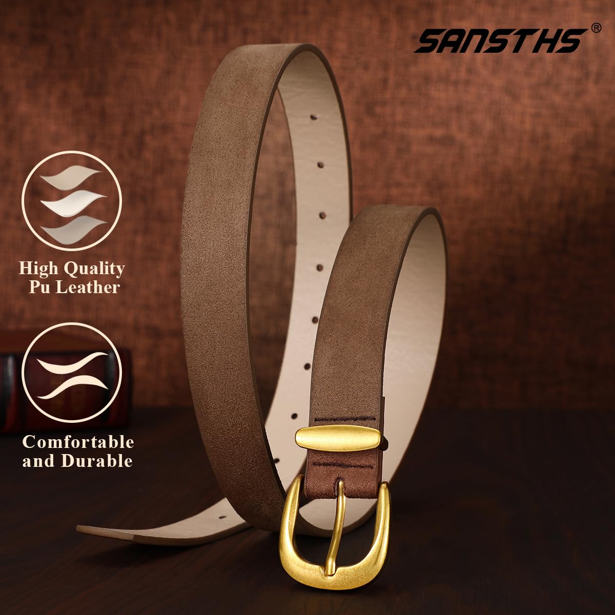 SANSTHS Womens Belt for Jeans Pants Dresses with Alloy Buckle, Floral Print Belt for Women with Unique Print Design, Dark Brown S