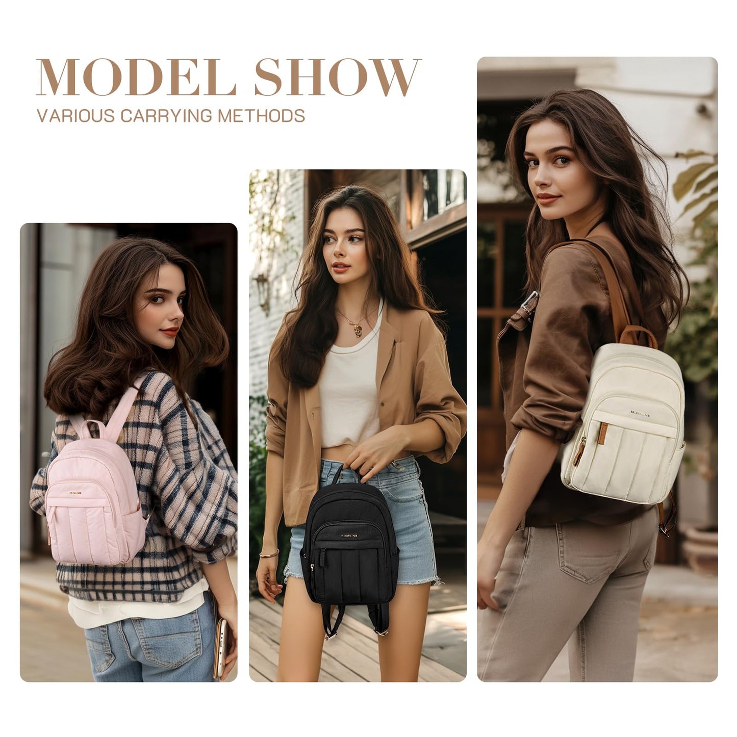 Missnine Mini Small Backpack for Women, 8.6" L×4.3" W×14.4" H, Lightweight Quilted Small Backpack Purses, Puffer Daily Purse Water-resistant Brown+Beige