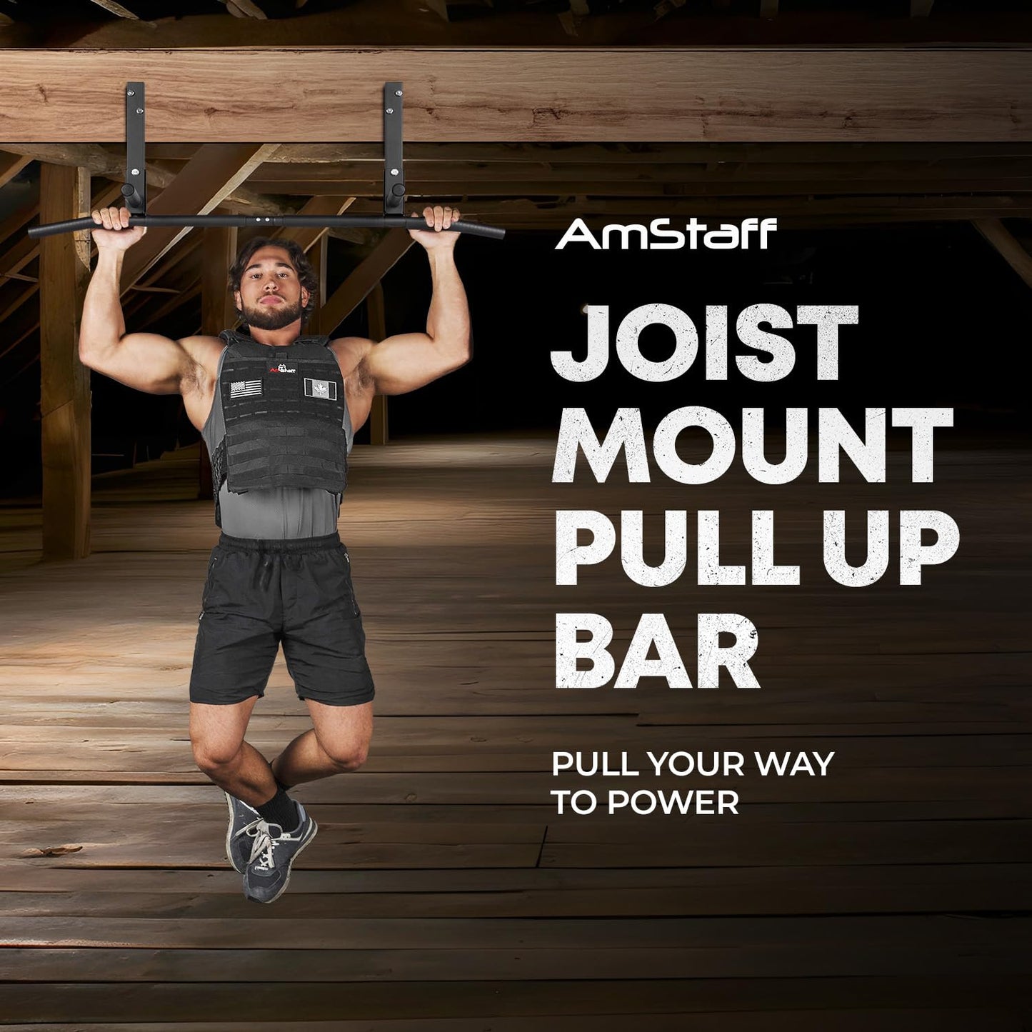 AmStaff Fitness Joist Mount Pull Up Bar, Ceiling Mounted Chin Up Bar for Home Gym, Crossfit, Beam, Rafter - Heavy Duty, Multi Grip, 42" Wide, Maximum Head Clearance - TU038