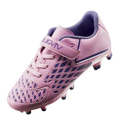 LIGVIV Girls Soccer Cleats - Laceless Kids Football Shoes - Pink and Purple - Outdoor Firm Ground - 12 Little Kid