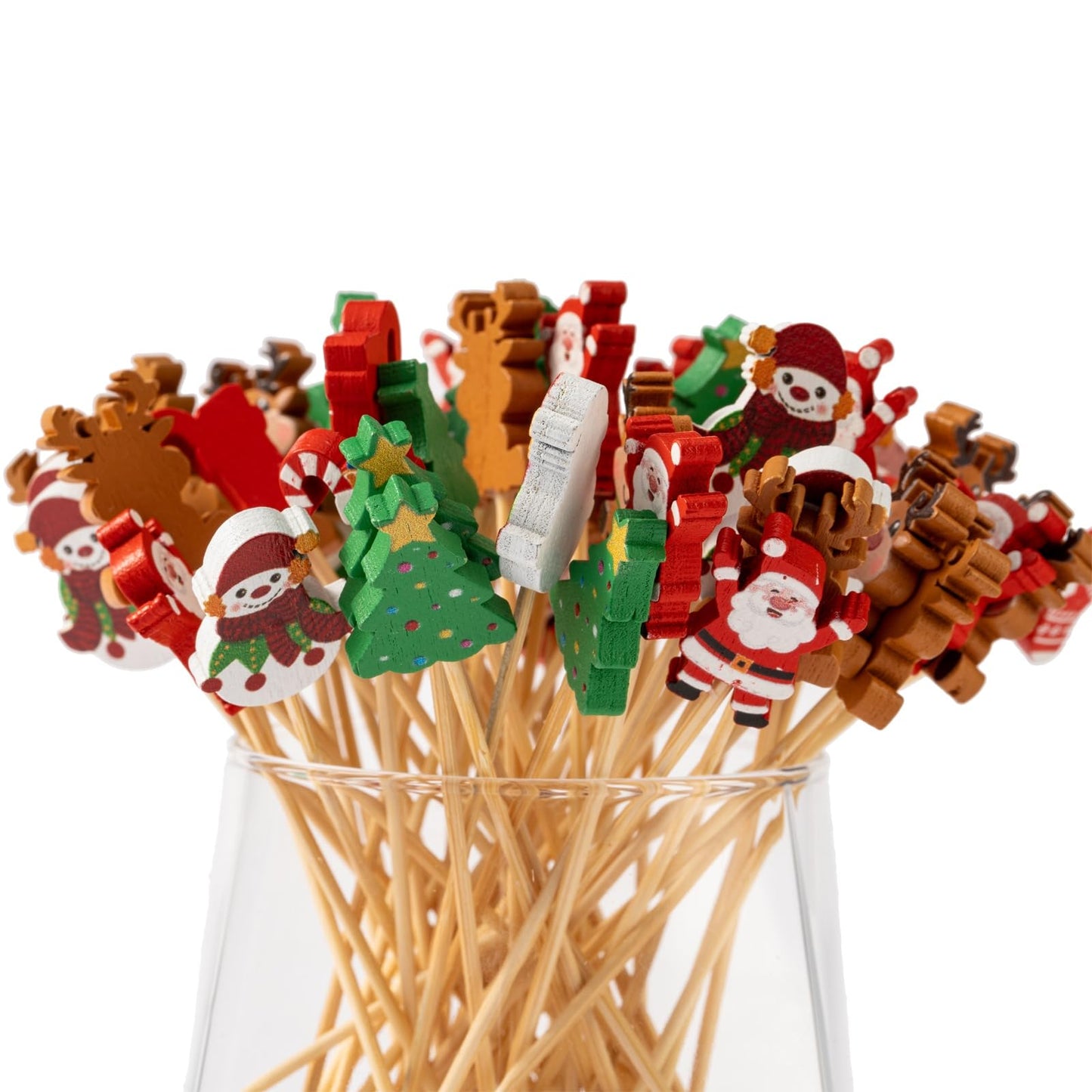 Jiesky 125pcs 5in Christmas Cocktail Picks Christmas Tree Snowman Santa Claus Reindeer Christmas Stocking Bamboo Cocktail Toothpicks Fruit Food Appetizer for Christmas Party Decorations