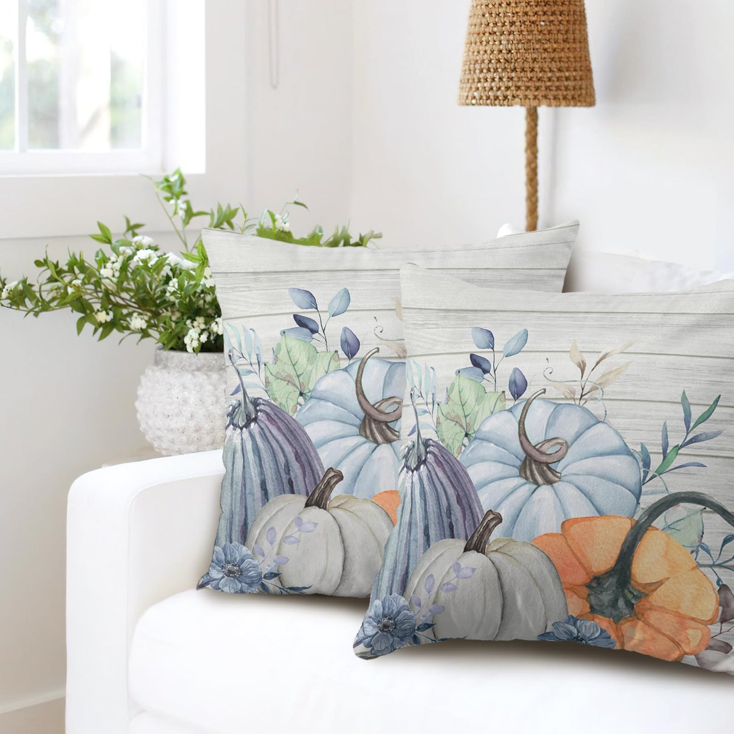 Wnoesat Fall Blue Teal Throw Pillow Covers 16x16 Pumpkin Leaves Print Pillow Cases Set of 2 Thanksgiving Decorations Autumn Harvest Holiday Cushion Cover for Farmhouse Living Room Decor