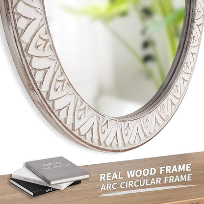 24" Round Mirror Farmhouse Wooden Frame Circle Mirrors, Rustic Decorative Distressed Wall Mounted Mirror for Bathroom, Bedroom, Living Room, Entryway, Fireplace, Hall