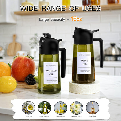 Oil Sprayer for Cooking 2pcs,2 in 1 Oil Dispenser and Oils Sprayer Kitchen Gadgets-16oz Glass Oils Spray Bottle,Mist Olive OilDispenser,Air Fryer,Salad,Grill (White Kitchen Accessories)