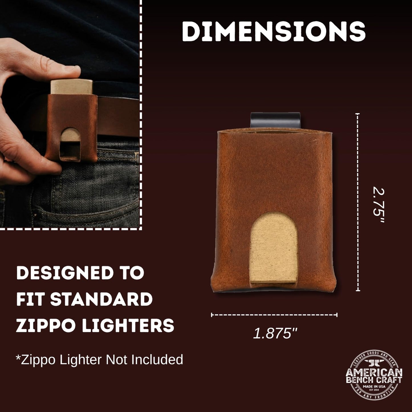 Zippo Lighter Sheath - Belt Clip Zippo Lighter Case - American Bench Craft - Made in USA (Brown)