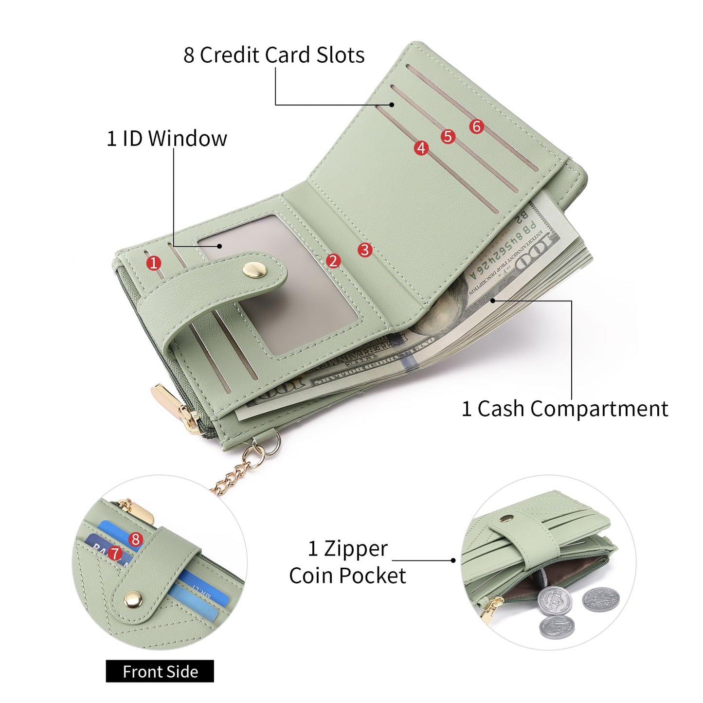 GAEKEAO Slim Wallet for Women, RFID Blocking Credit Card Holder Bifold Wallet with Zipper Coin Pocket, ID Window
