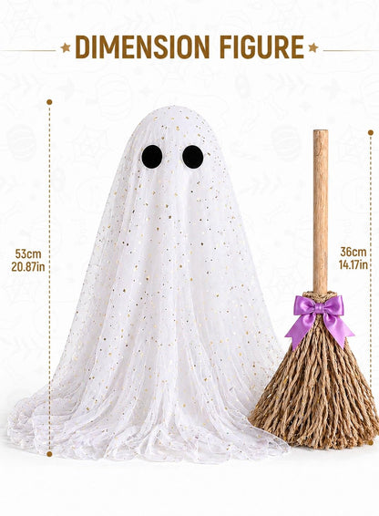 Halloween Decorations Ghost and Witch Broom Set, Lighted Halloween Fall Decor for Mantel, Shelf, Fireplace, Entryway, Tabletop Display, Cute Spooky Indoor Home Decor