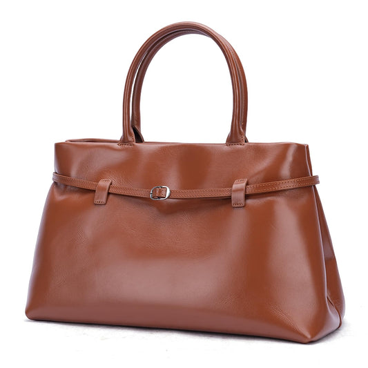 Masa Kawa Genuine Leather Tote Bag for Women with Long Strap, Waterproof Expandable Top-Handle Handbag, Shoulder Crossbody Bag for Daily Work, Caramel Brown