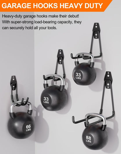 QcoQce 12 Pack Garage Hooks Heavy Duty, Wall Mount Utility Hooks with Extension Cord Straps, Anti-Slip Coating for Bike, Ladder, Hose, Garage Organization, Includes Screws (Black)