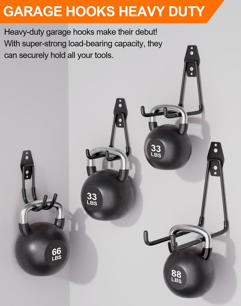 QcoQce 14 Pack Garage Hooks Heavy Duty with 2 Extension Cord Straps,Garage Storage Hooks, Wall Mount Hooks, Garage Organization and Tool Hangers for Bike, Ladder, Ropes and Garden Tools