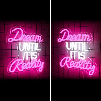 Horseneon Dream Until It Is Reality Neon Led Sign, Letter Neon Signs for Wall Decor, Neon Lights with USB Powered for Bedroom, Office, Livingroom, Study (Pink&White)