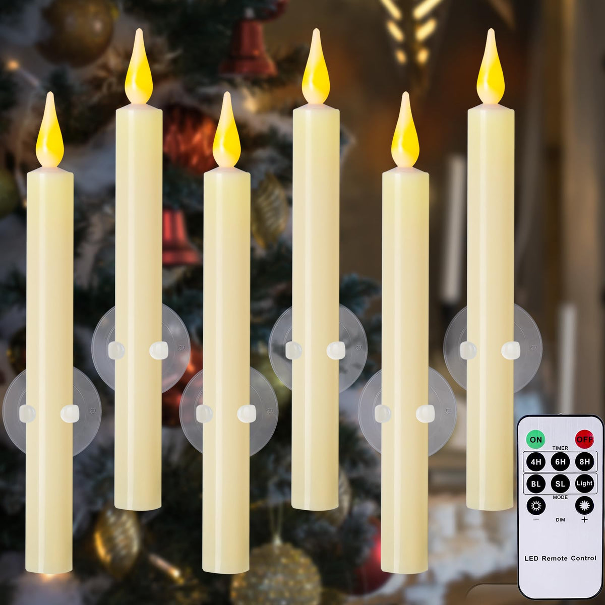 cosylive Christmas Window Candles with Remote Timer, Flameless Taper Candles with Suction Cups and Magnetic Base Battery Operated Flickering Candle for Christmas Halloween Decoration (6 Pack)