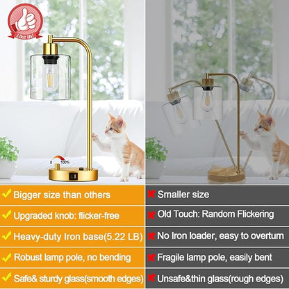 Set of 2 Industrial Table Lamps with USB Port, Gold Fully Stepless Dimmable Bedside Lamps for bedrooms, Nightstand Desk Lamp with Clear Glass Shade for Reading Living Room Office 2 LED Bulb