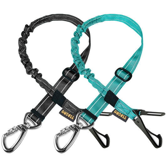 AUBELL Dog Seat Belt for Car,2 Pack Set 3-in-1 Adjustable Reflective Bungee Heavy Duty Dog Car Harness Tether with Clip Hook Latch & Buckle,Swivel Zinc Alloy Carabiner,Black+Teal