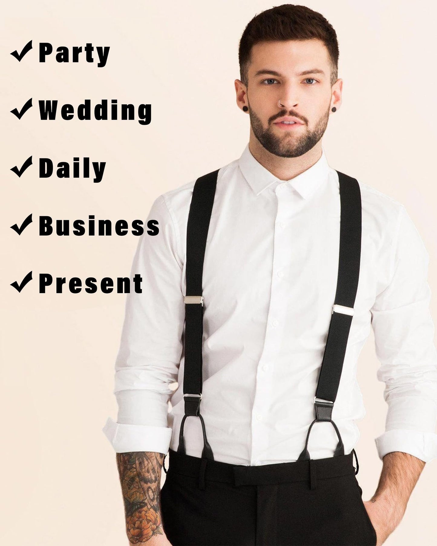 Kajeer Mens Adjustable Button End Suspenders - Y-Back Elastic Tuxedo Suspenders with Heavy Duty Leather Buttons End (Black)