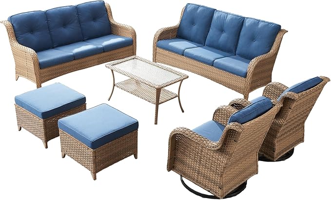 Rilyson Patio Furniture Swivel Chairs Set - 7 PC Wicker Rattan Outdoor Sectional Conversation Sets with 2 Rocking Chairs,2 Ottoman,2 Sofa and 1 Coffee Table for Porch Deck Garden(Yellow/Blue)