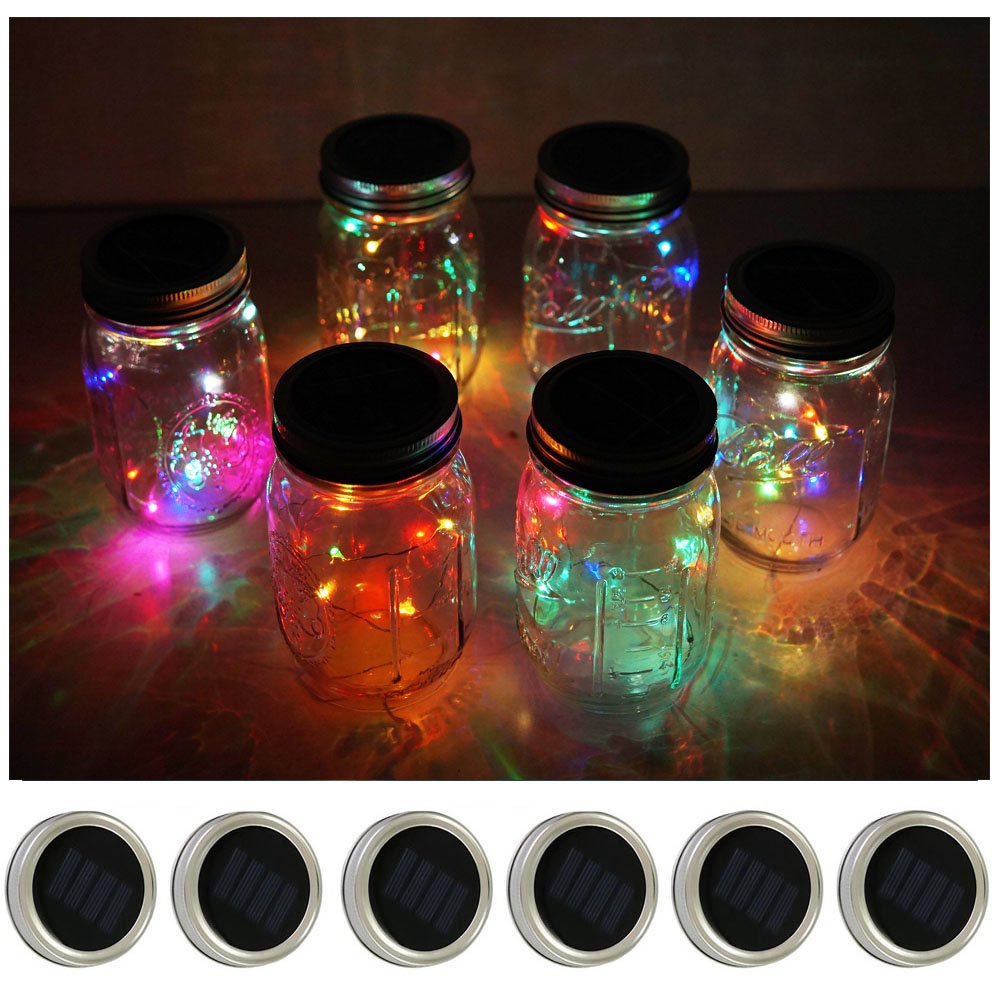 Decorman Solar Mason Jar Lid Lights, 6 Pack 10 LED Waterproof String Fairy Star Firefly Jar Lids Lights for Patio Garden Yard Lawn Party Wedding Christmas Decoration(Jars & Hangers Not Included)